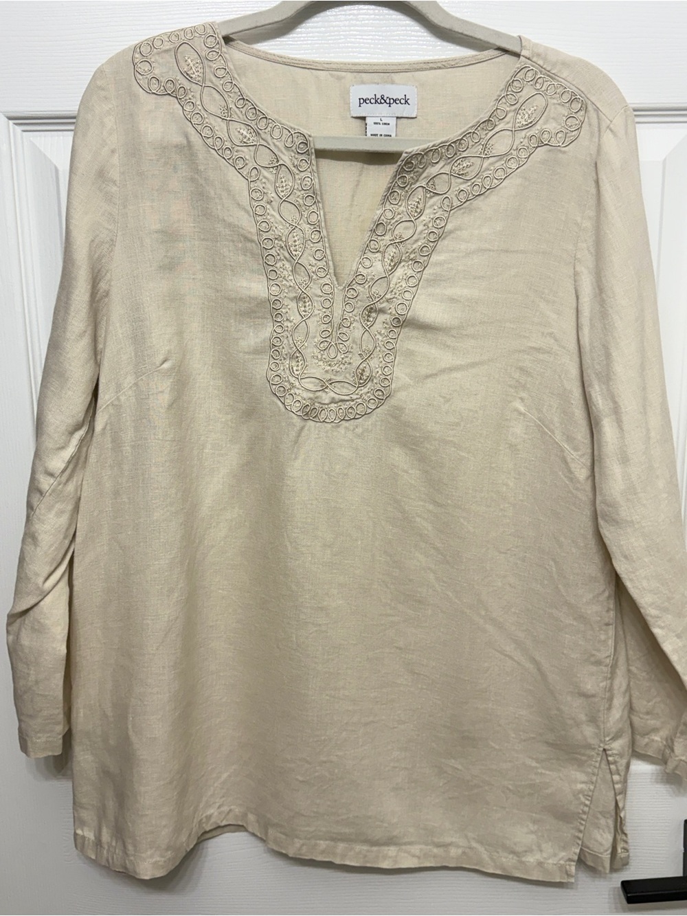 Peck & Peck 100% Linen Embroidered Tunic Top Beige Size Large